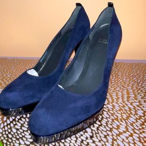 Stuart Weiztman Navy blue suede heels with slight platform